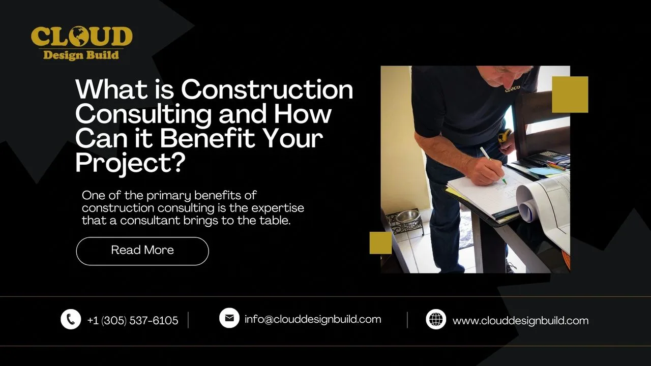 Cloud Design Build blog banner on construction consulting, with a consultant reviewing blueprints