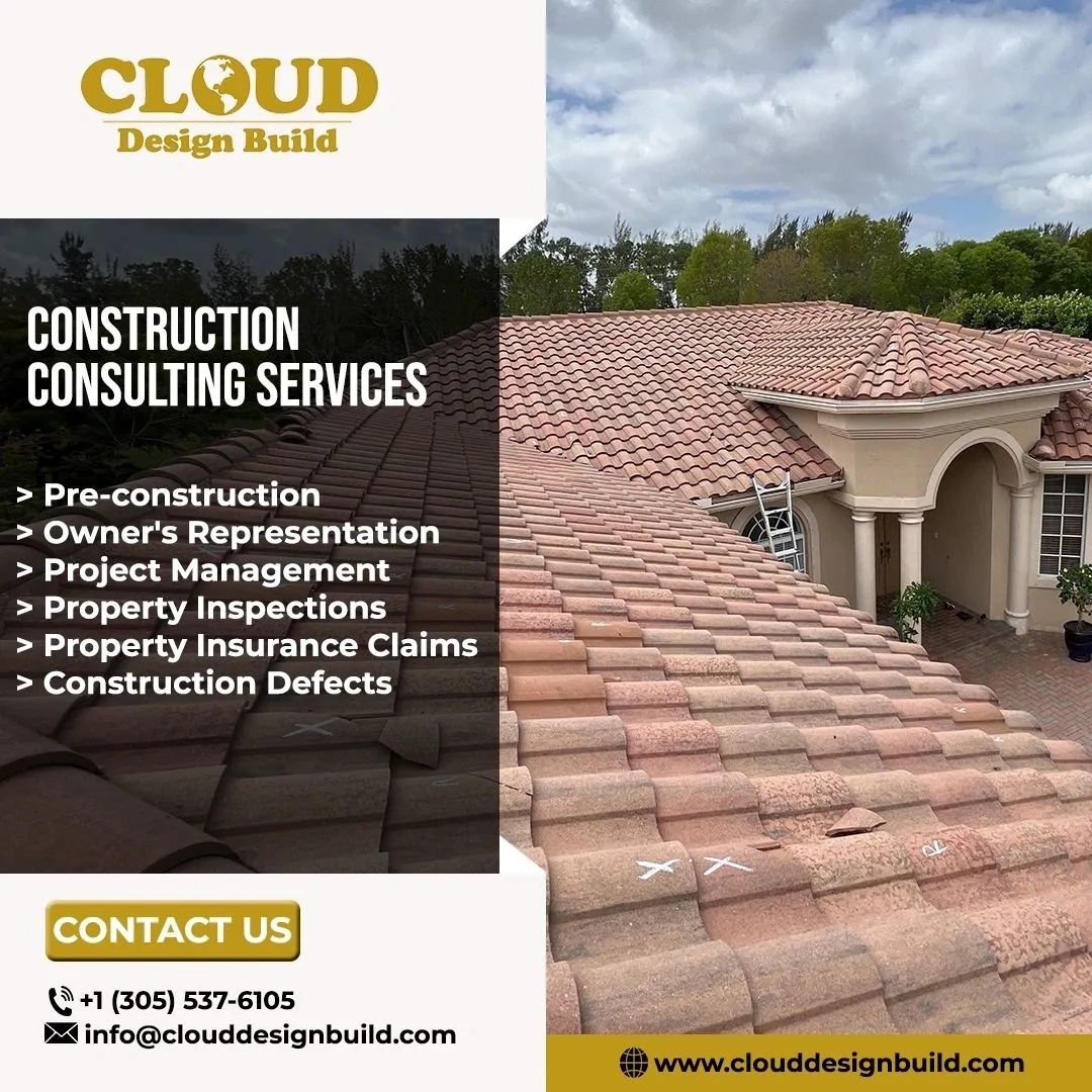 Graphic listing Cloud Design Build’s construction consulting services over a tile roof