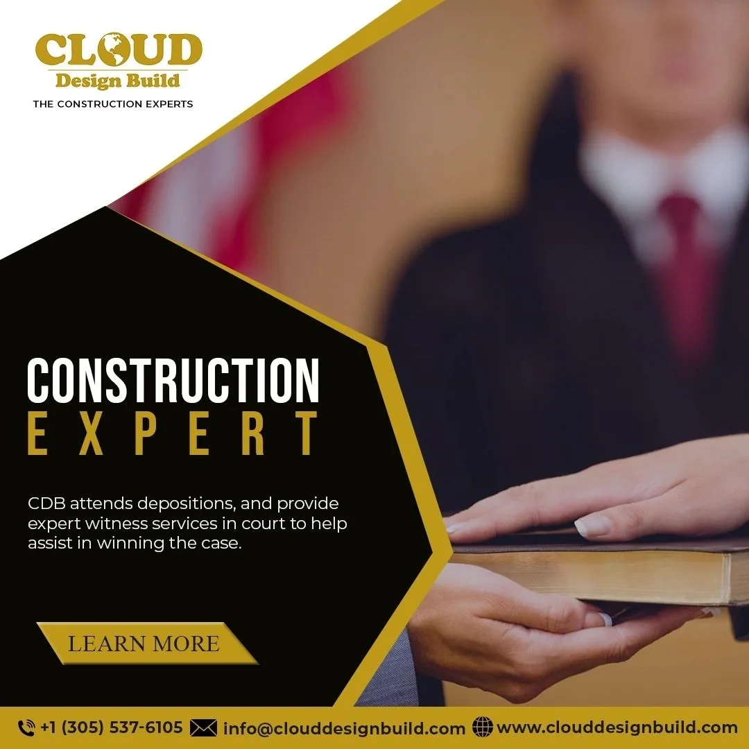 Cloud Design Build graphic on providing expert witness testimony and deposition support in court