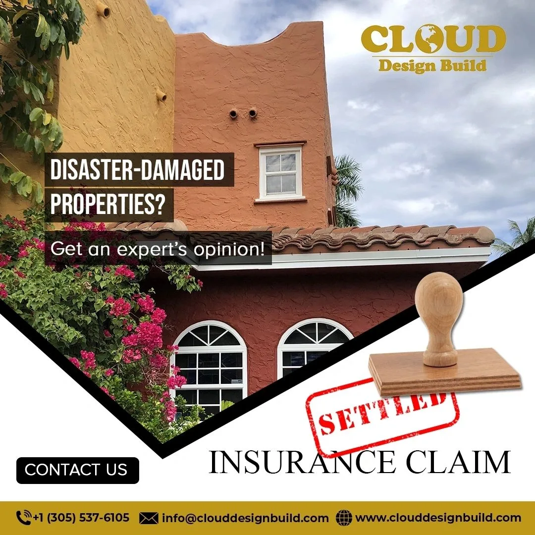 Cloud Design Build graphic offering an expert opinion on disaster-damaged properties, with a settled claim stamp