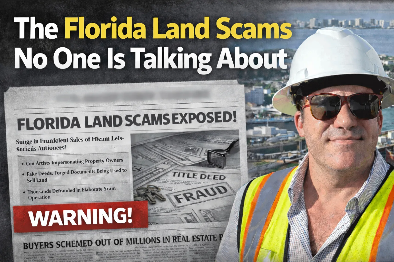 Graphic warning of Florida land scams, with a mock newspaper clipping about forged deeds and title fraud