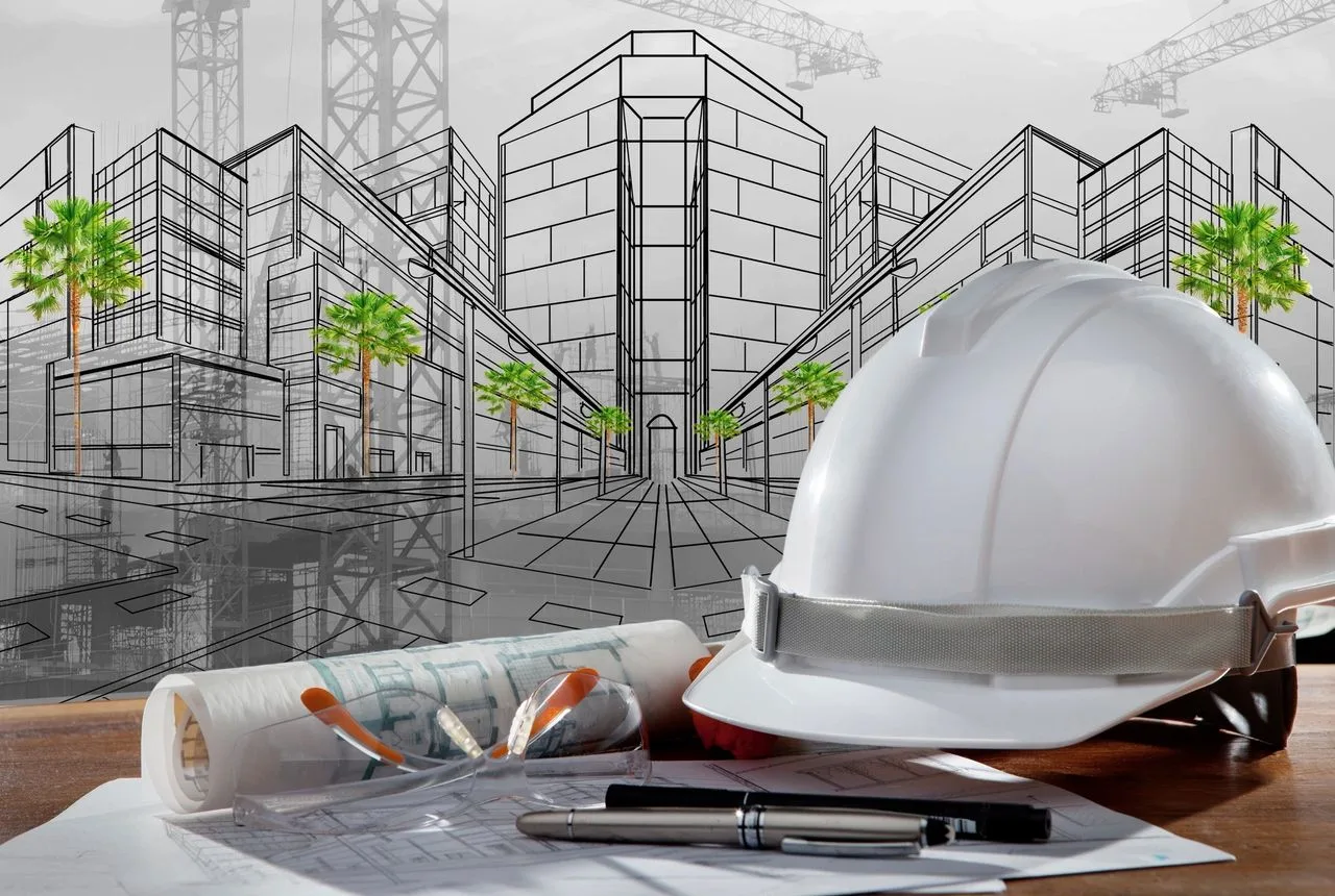 Hard hat, blueprints, and drafting tools on a desk with a 3D building sketch overlay
