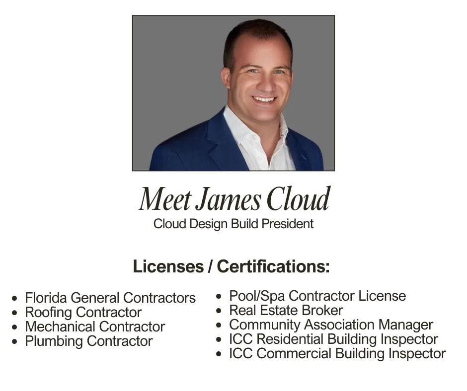 Graphic introducing James Cloud, Cloud Design Build president, listing his contractor licenses and certifications