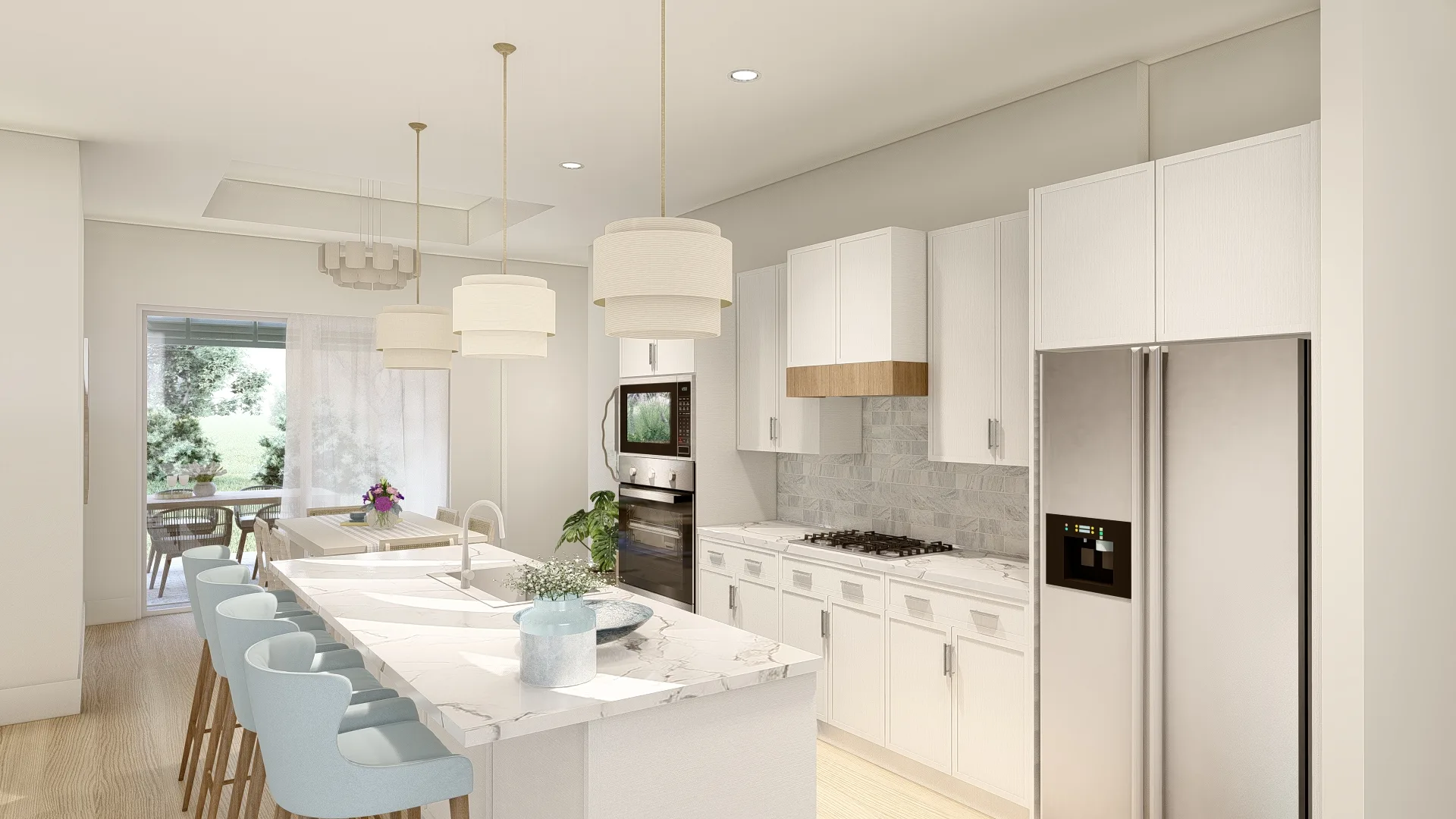 Rendering of an open-concept kitchen with white cabinetry, a waterfall island, and stainless appliances