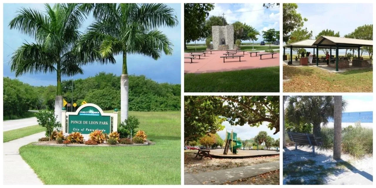 Photo collage of Ponce de Leon Park in Punta Gorda: entrance sign, memorial, pavilion, playground and shoreline