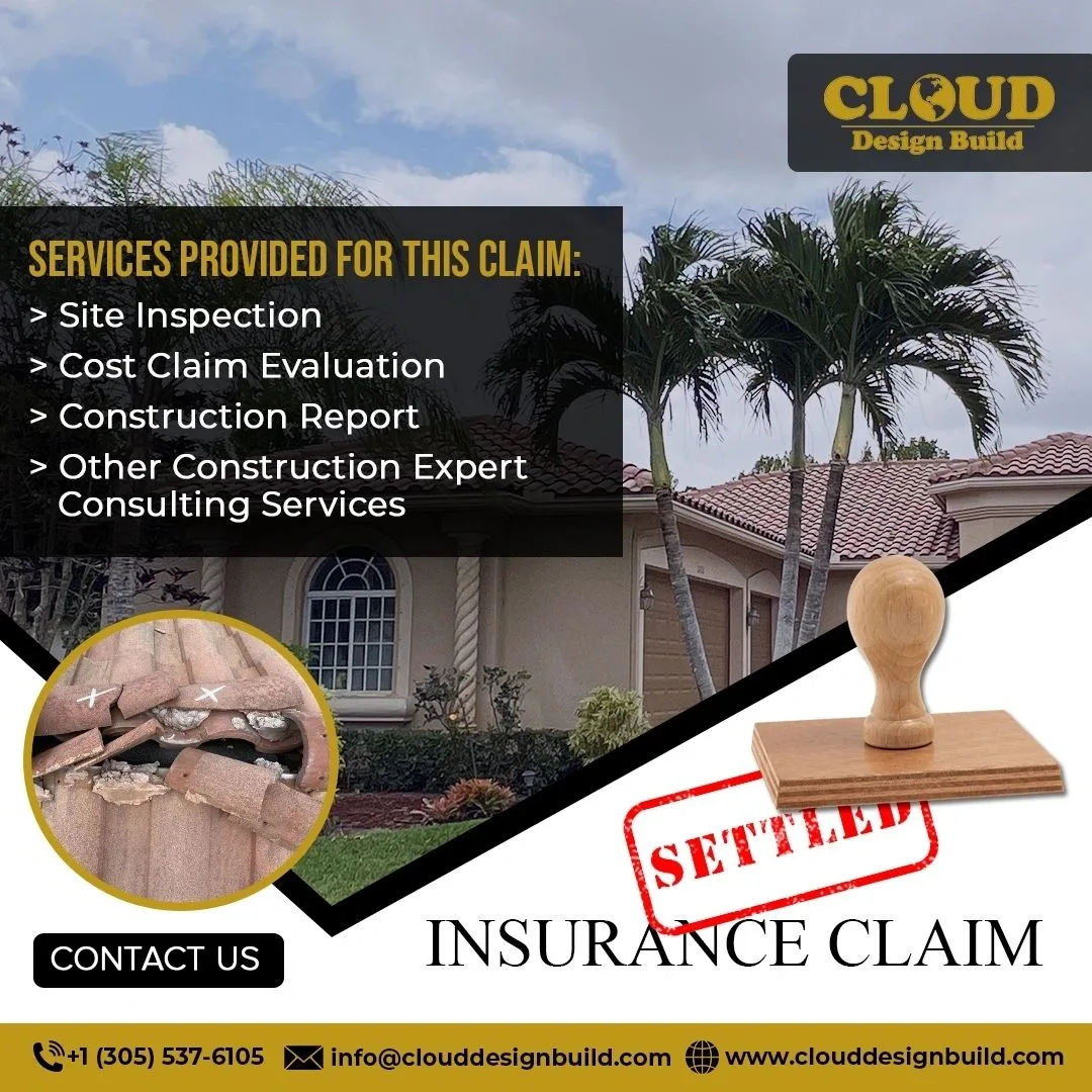 Cloud Design Build graphic listing site inspection and cost evaluation services for a settled roof damage insurance claim