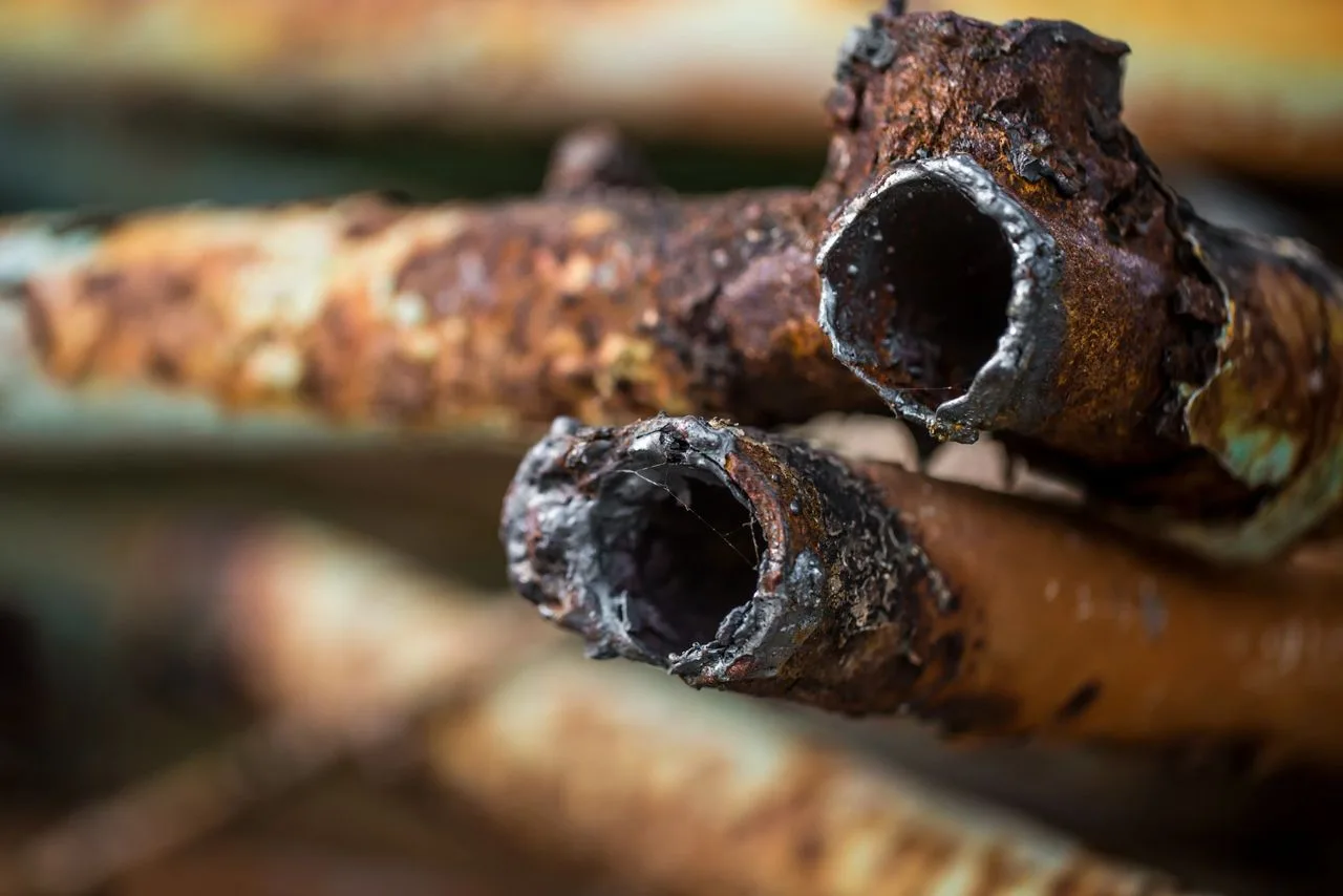 Close-up of heavily rusted and corroded metal pipes