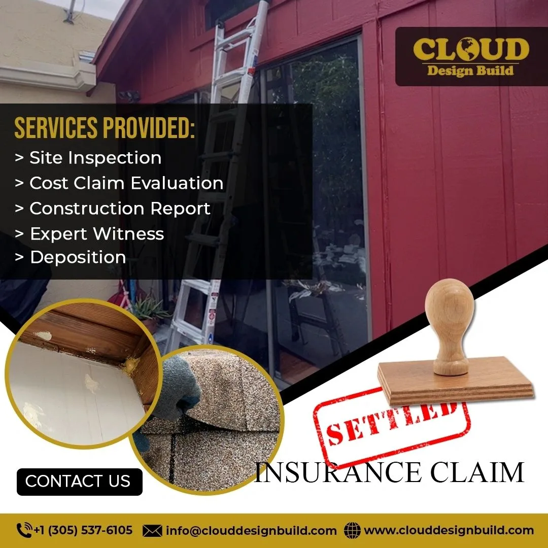 Cloud Design Build graphic listing site inspection, cost evaluation, and expert witness services for a settled claim