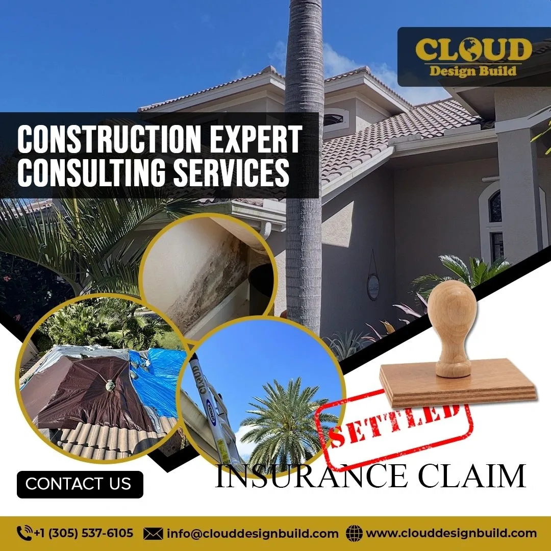 Cloud Design Build graphic marking a settled property insurance claim after storm roof damage