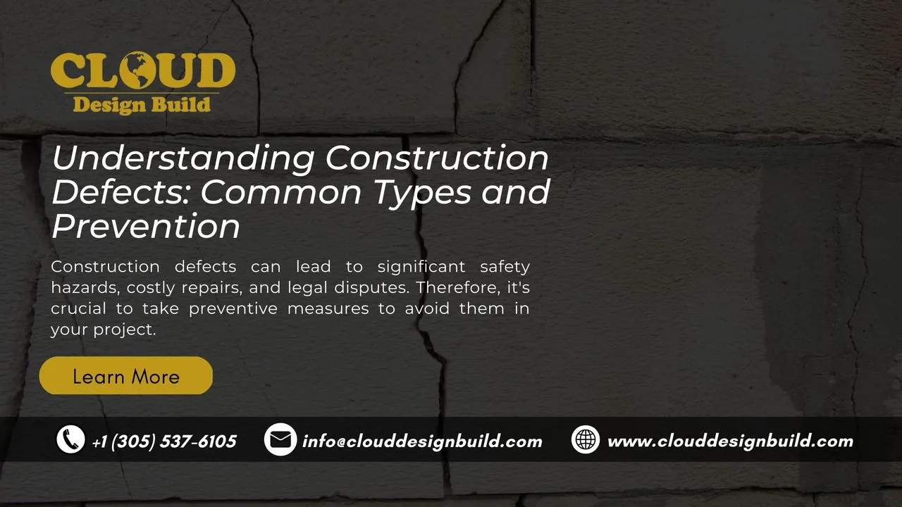 Cloud Design Build blog banner: Understanding Construction Defects, Common Types and Prevention, over a cracked wall