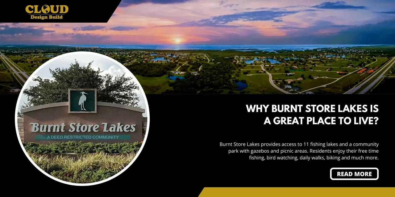 Banner asking why Burnt Store Lakes is a great place to live, with an aerial sunset view of the community