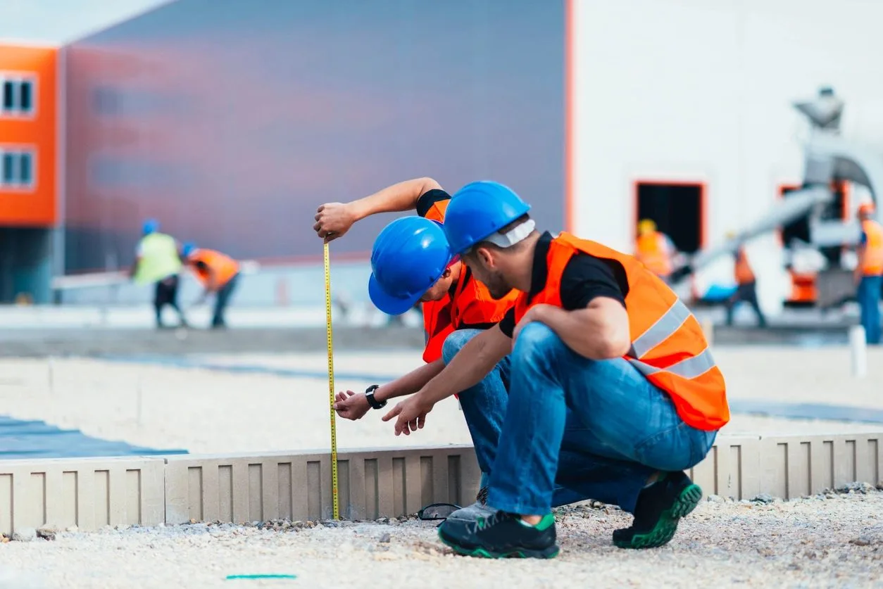 Two workers measuring paver spacing with a tape measure at a build site